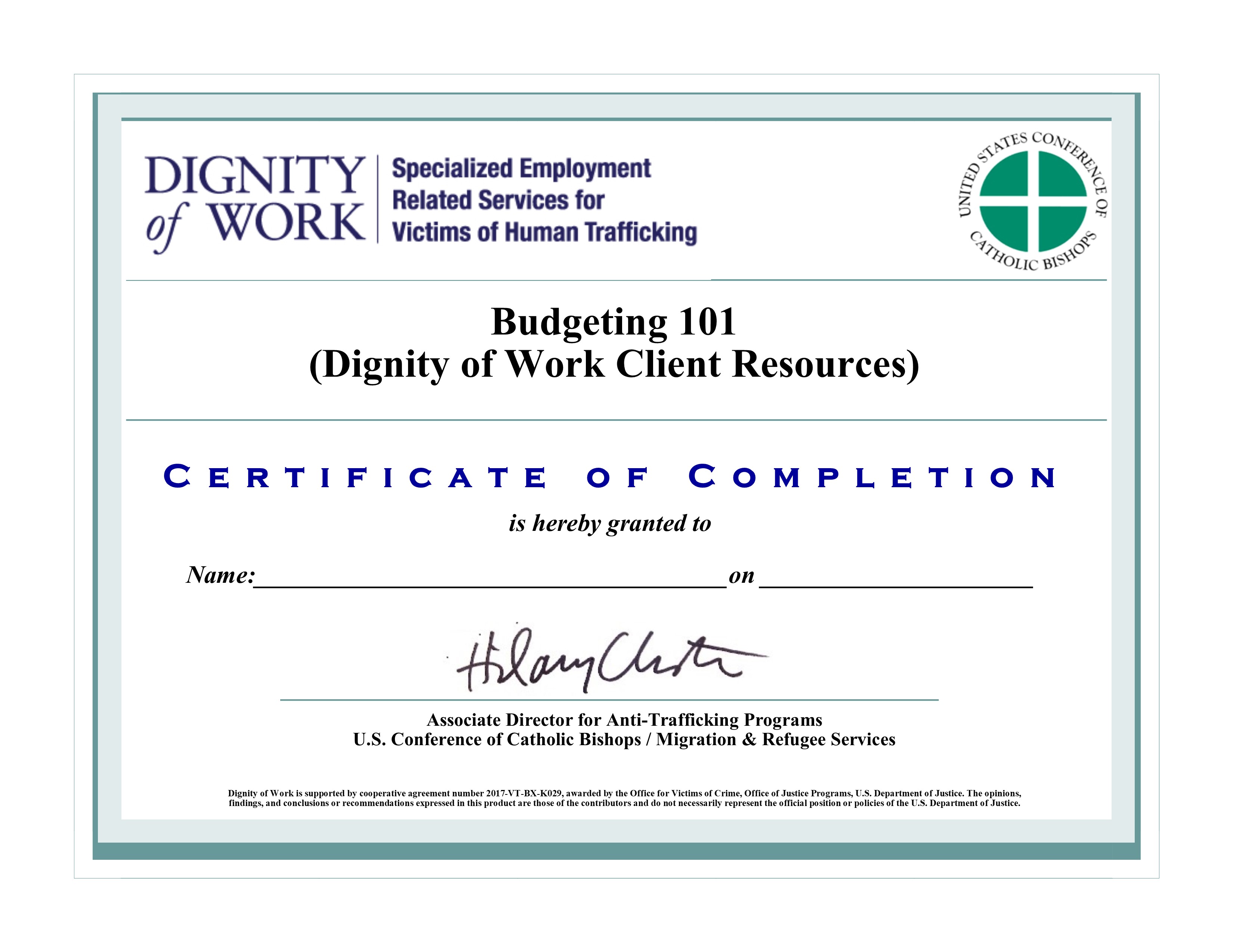 Budgeting 101 Certificate BRYCS